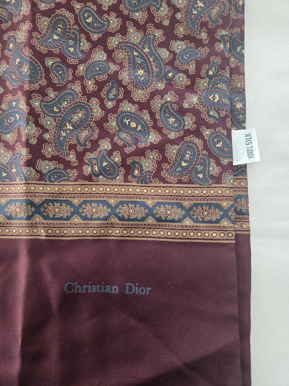Christian Dior Satin Silk Burgundy Paisley Rectangle Scarf w/ Fringe Logo